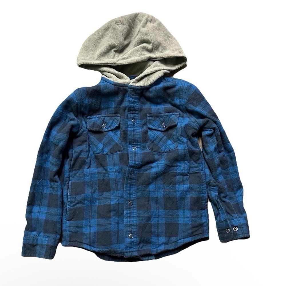 LL Bean Boys Hooded Fleece Lined Black Blue Flannel Jacket Size 6/7